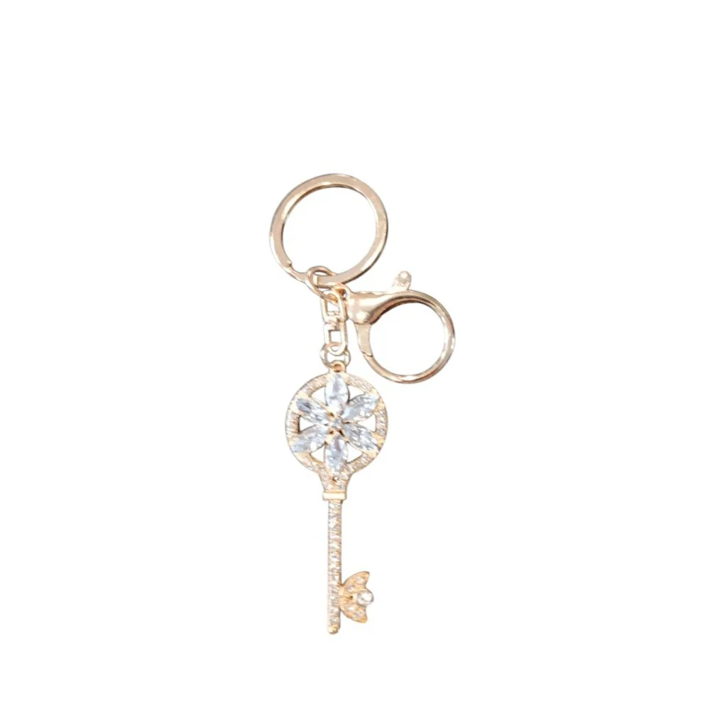 Skeleton Key Flower Rhinestone Keychain Purse Charm in Diamond Gold Tones